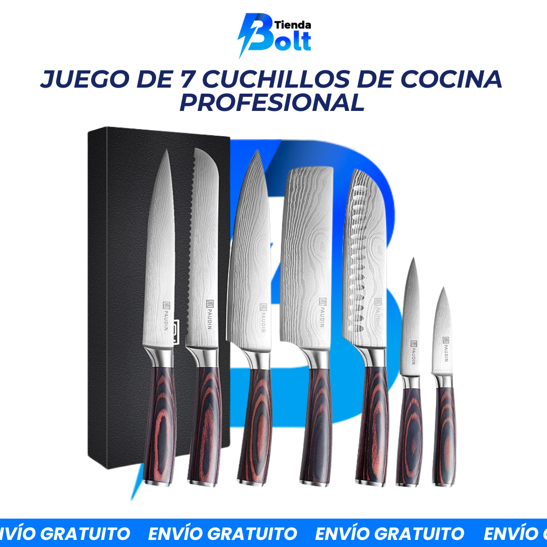 PAUDIN Juego de Cuchillos de Cocina Profesional, Set de 7 Cuchillos Japoneses Acero Inoxidable, Cuchillos Chef Santoku Universal para Cortar Carne Verduras Pan Queso