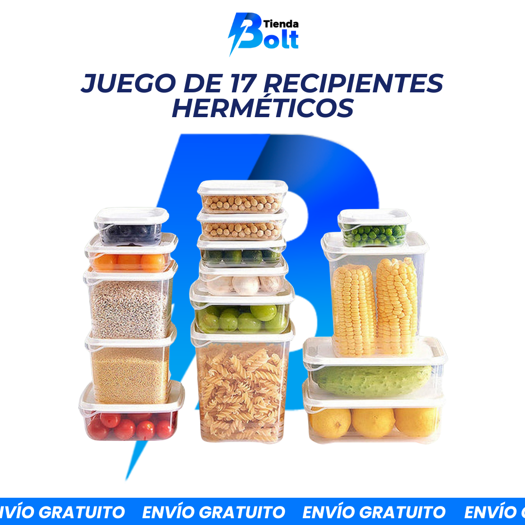 Juego de 17 recipientes herméticos para  alimentos de distintos tamaños y capacidad con tapa blanca.