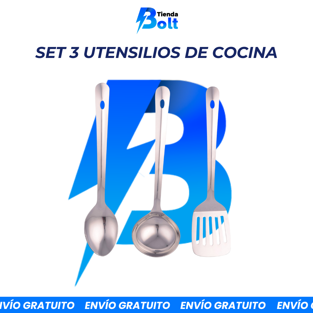 Set 3 Utensilios de Cocina San Ignacio Energy en Acero Inoxidable. Rasera, Espumadera y Cuchara. Aptos para Lavavajillas