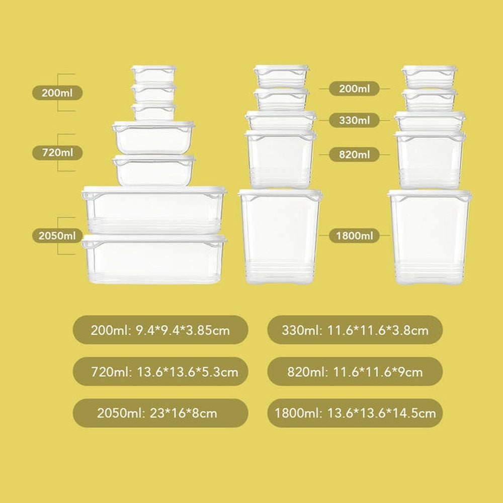 Juego de 17 recipientes herméticos para  alimentos de distintos tamaños y capacidad con tapa blanca.