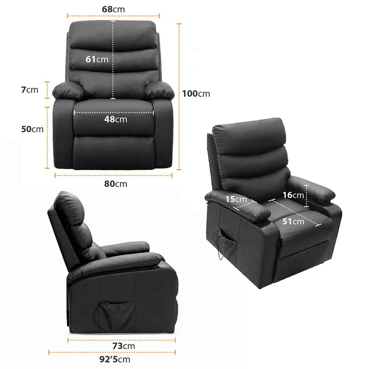 Sillón Relax Masaje Acolchado Reclinable Calor Lumbar Negro Gridinlux