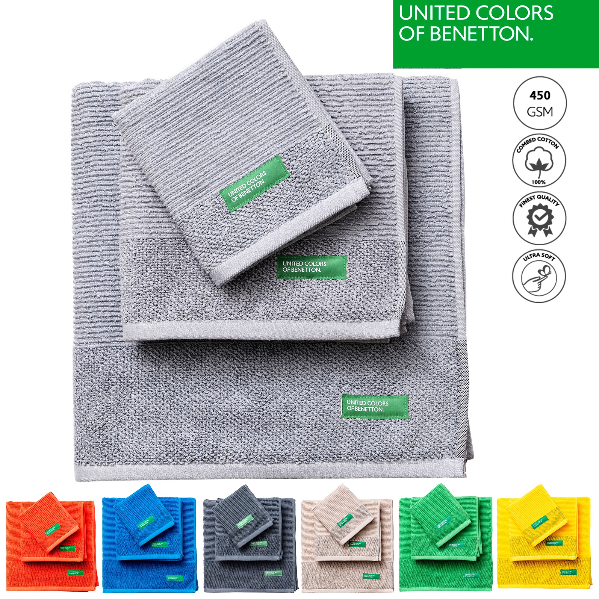 Set de 3 Toallas Benetton de Algodón 450GSM: Toalla Tocador, Lavabo y Baño. Ultra suaves, Absorbentes y Duraderas