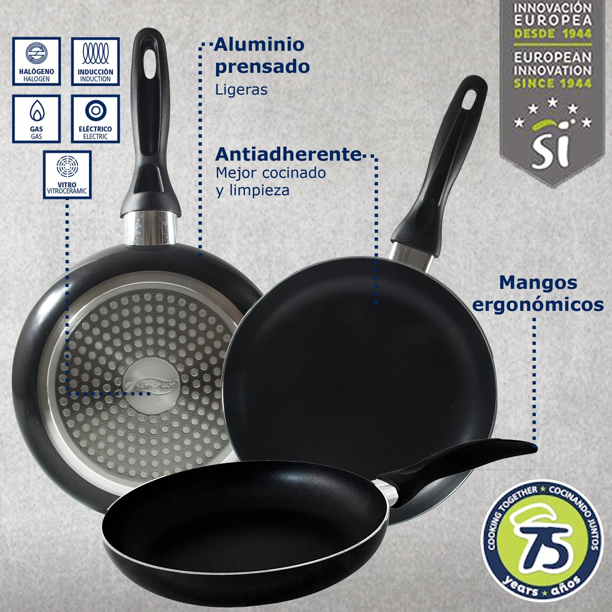 Juego de 3 sartenes Ø16/20/24 y batería de cocina 5 pzs San Ignacio Aluminio prensado y acero inoxidable. Apto para inducción