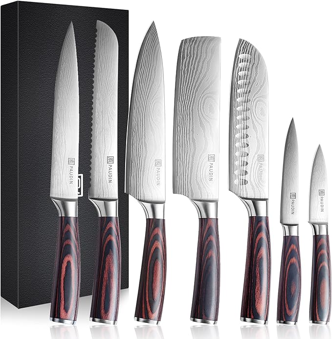 PAUDIN Juego de Cuchillos de Cocina Profesional, Set de 7 Cuchillos Japoneses Acero Inoxidable, Cuchillos Chef Santoku Universal para Cortar Carne Verduras Pan Queso