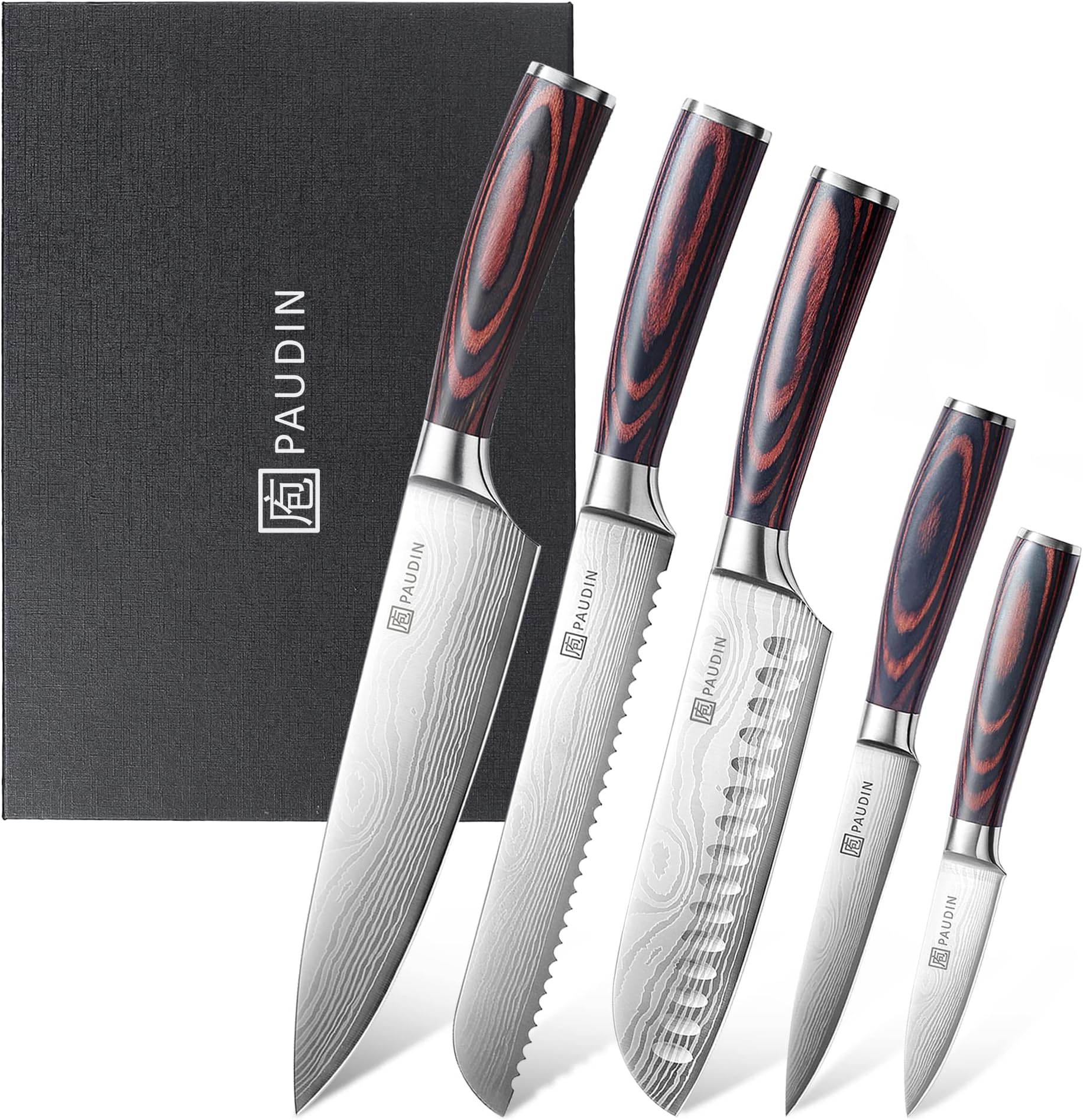 PAUDIN Juego de Cuchillos de Cocina Profesional, Set de 7 Cuchillos Japoneses Acero Inoxidable, Cuchillos Chef Santoku Universal para Cortar Carne Verduras Pan Queso