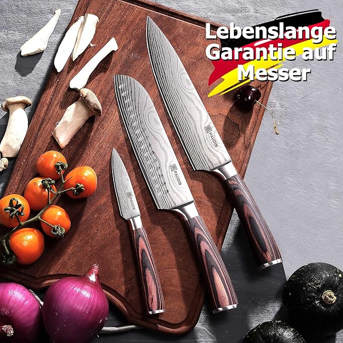 PAUDIN Juego de Cuchillos de Cocina Profesional, Set de 7 Cuchillos Japoneses Acero Inoxidable, Cuchillos Chef Santoku Universal para Cortar Carne Verduras Pan Queso