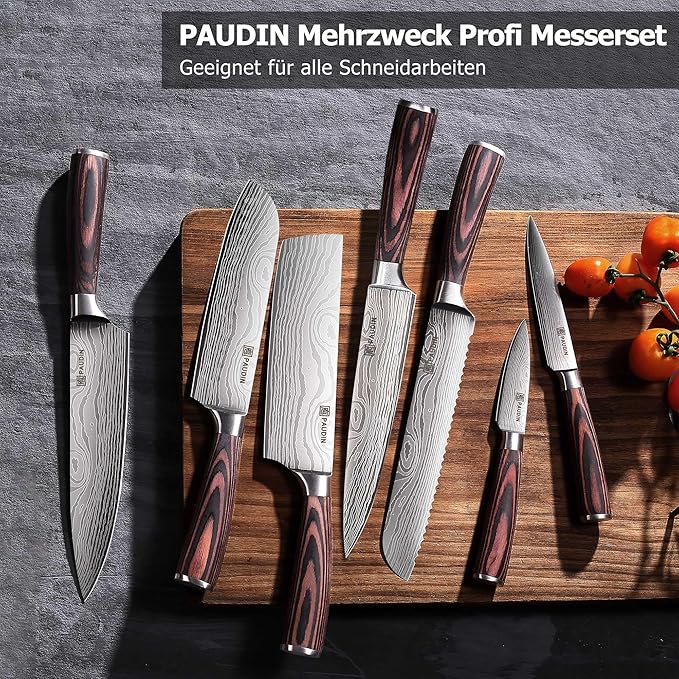 PAUDIN Juego de Cuchillos de Cocina Profesional, Set de 7 Cuchillos Japoneses Acero Inoxidable, Cuchillos Chef Santoku Universal para Cortar Carne Verduras Pan Queso